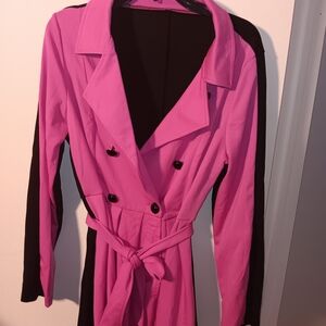 Pink and Black Women's Trench Coat